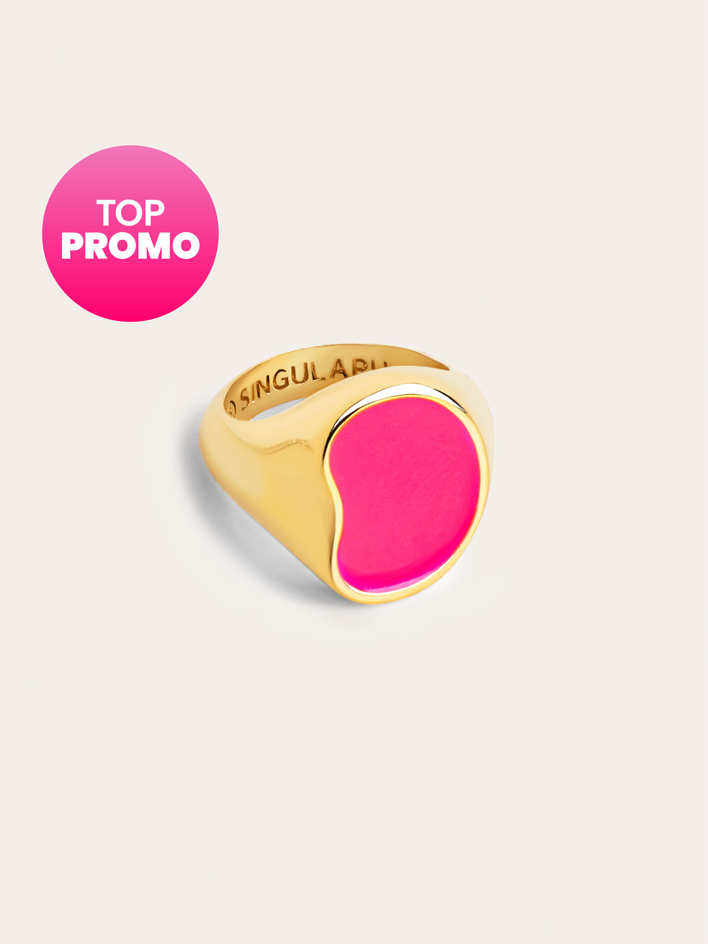 Anillo Signet Bean Neon Pink Enamel Baño Oro