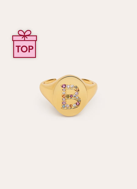 Anillo Personalizado Signet Letter Colors Baño Oro