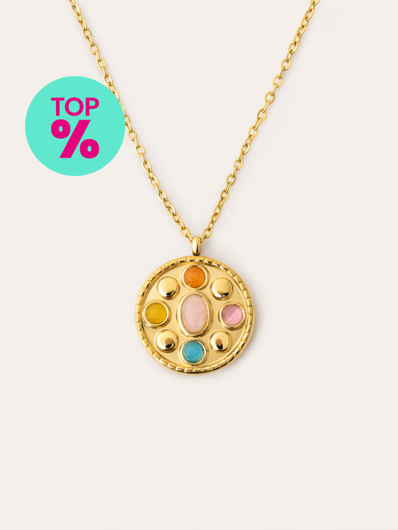 Medallion Five Stones Stainless Steeel Gold Necklace