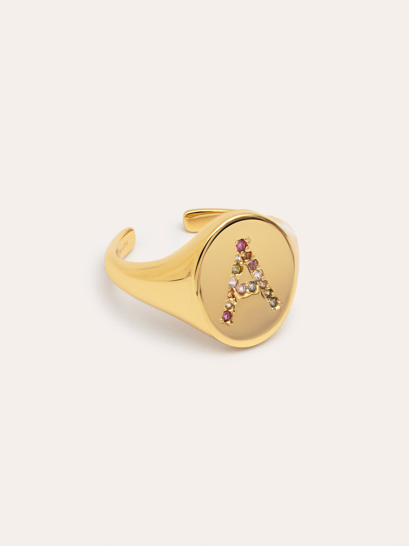 Anel Personalizado Signet Letter Colors Banho de Ouro