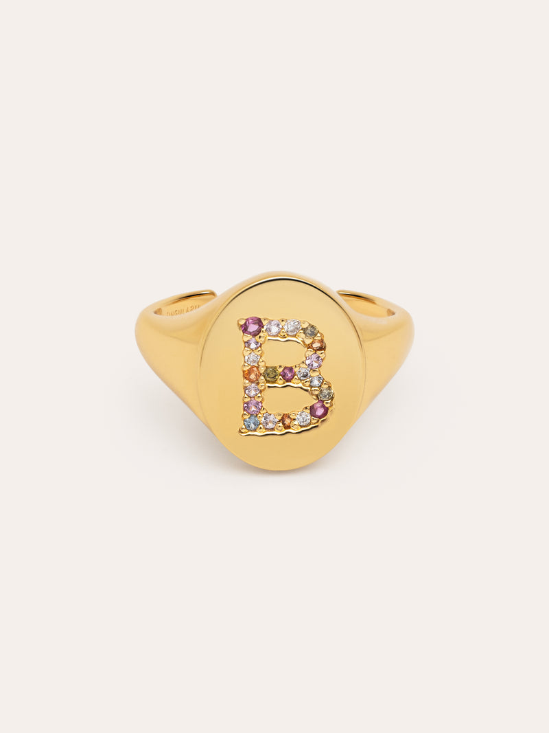 Anel Personalizado Signet Letter Colors Banho de Ouro