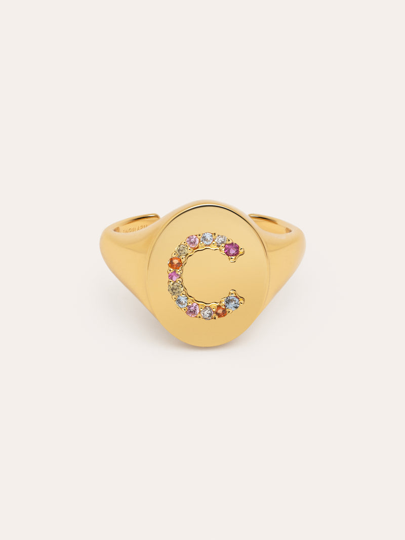 Anel Personalizado Signet Letter Colors Banho de Ouro