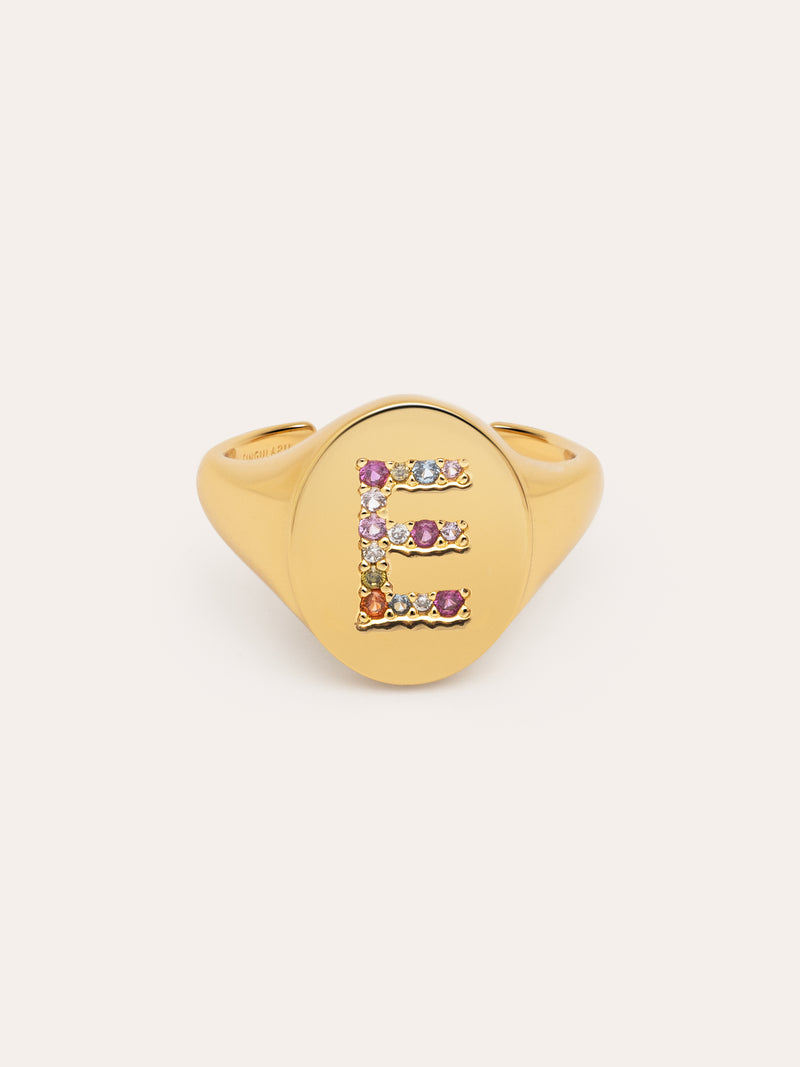 Anel Personalizado Signet Letter Colors Banho de Ouro