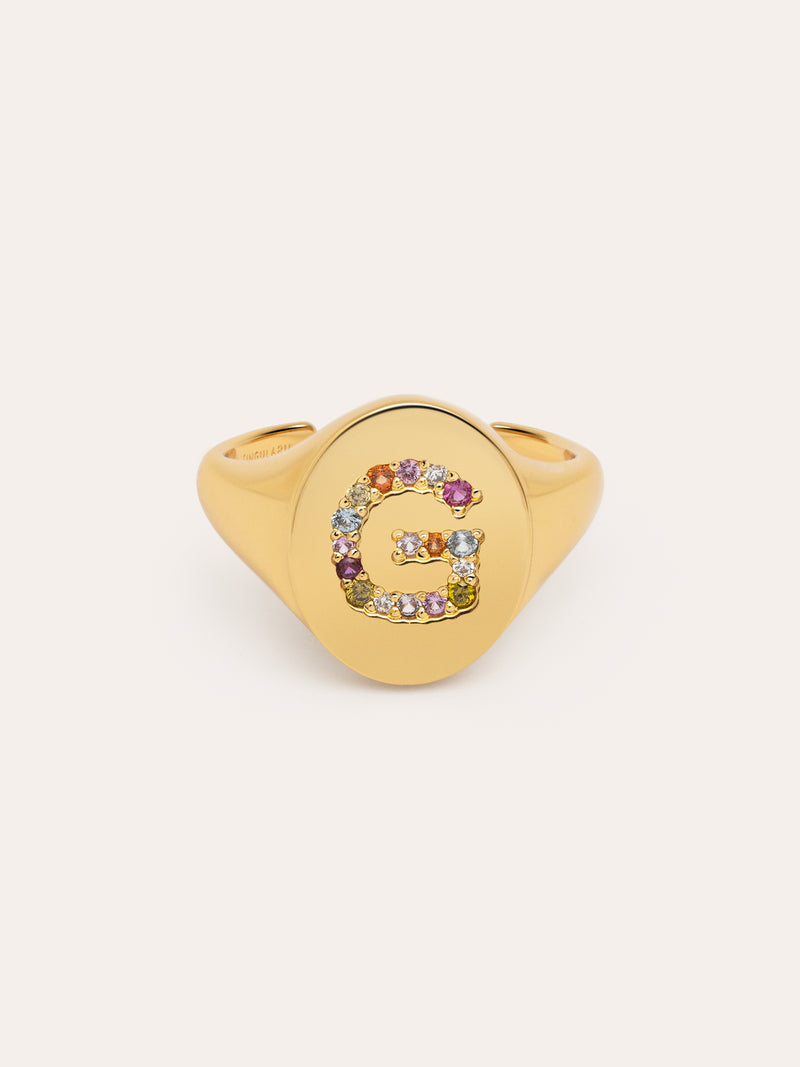 Anel Personalizado Signet Letter Colors Banho de Ouro