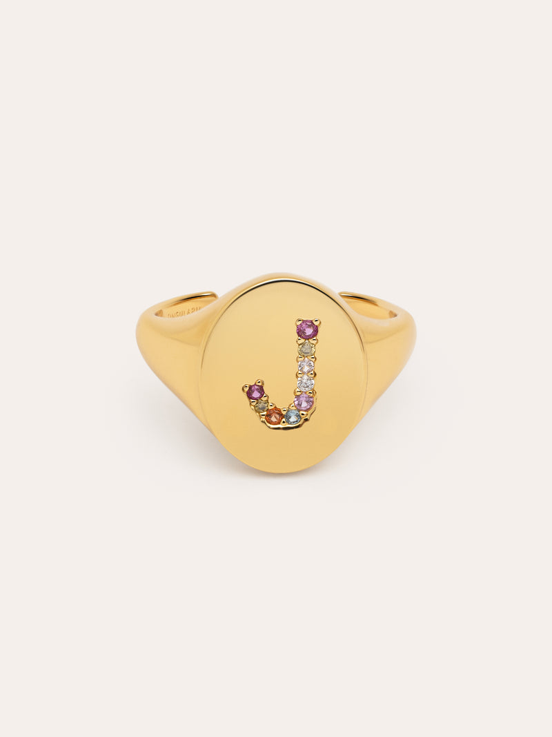 Anel Personalizado Signet Letter Colors Banho de Ouro