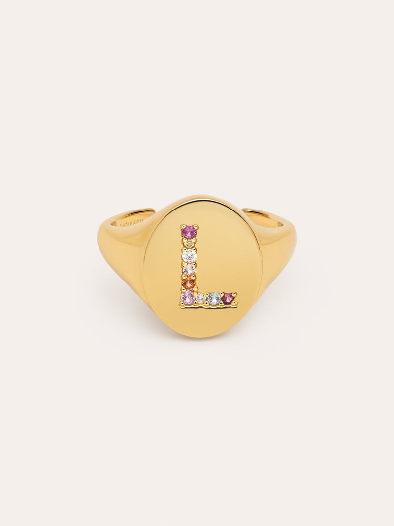 Anel Personalizado Signet Letter Colors Banho de Ouro