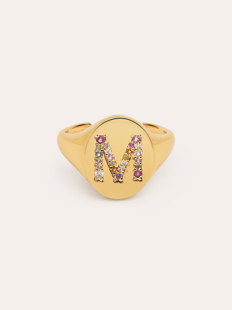 Anel Personalizado Signet Letter Colors Banho de Ouro