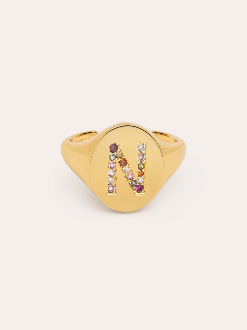 Anel Personalizado Signet Letter Colors Banho de Ouro