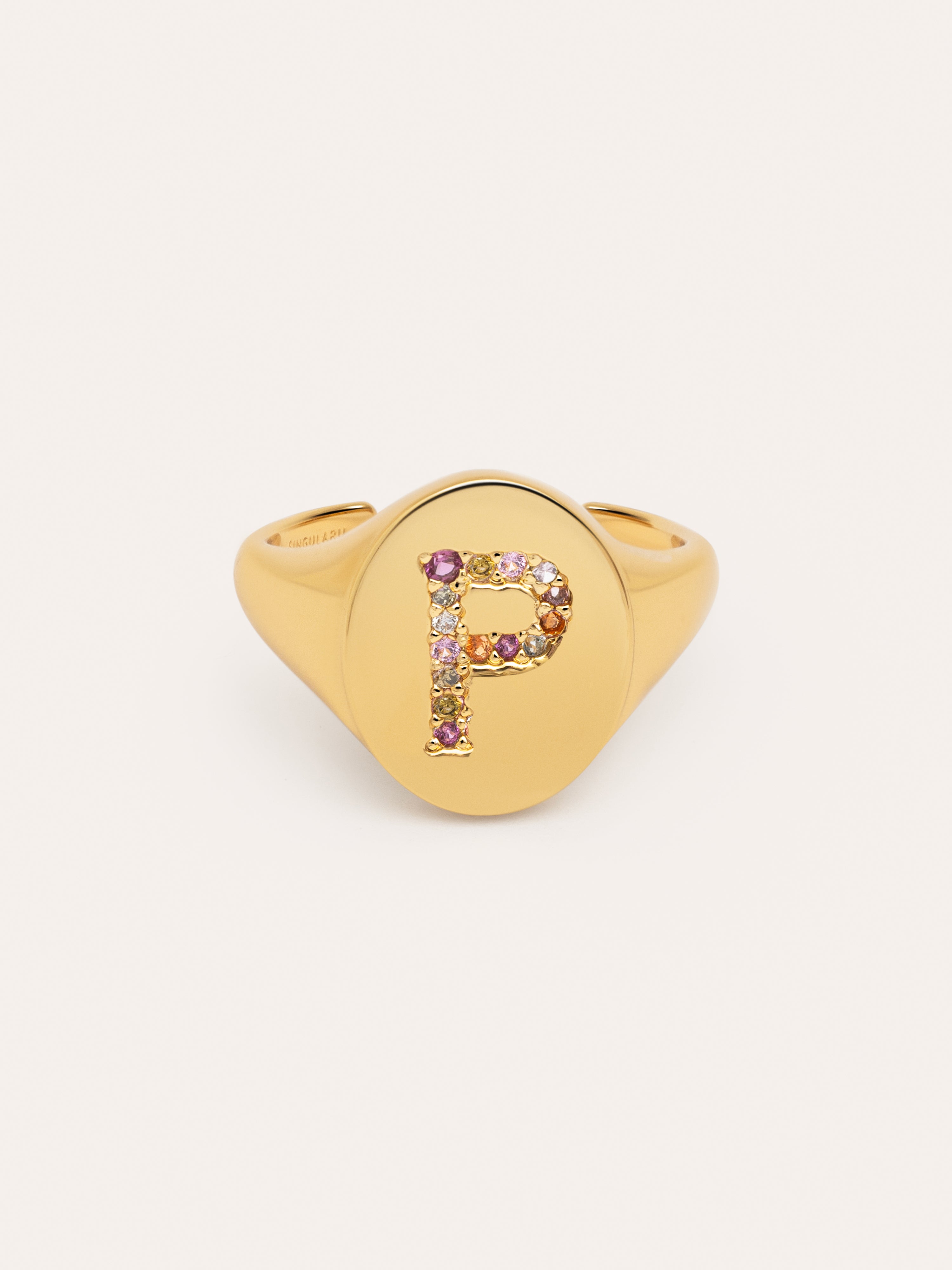 Anillo Personalizado Signet Letter Colors Baño Oro