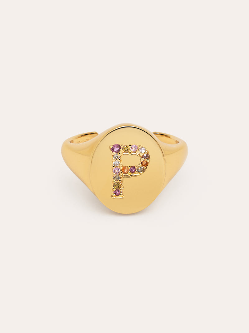 Anel Personalizado Signet Letter Colors Banho de Ouro