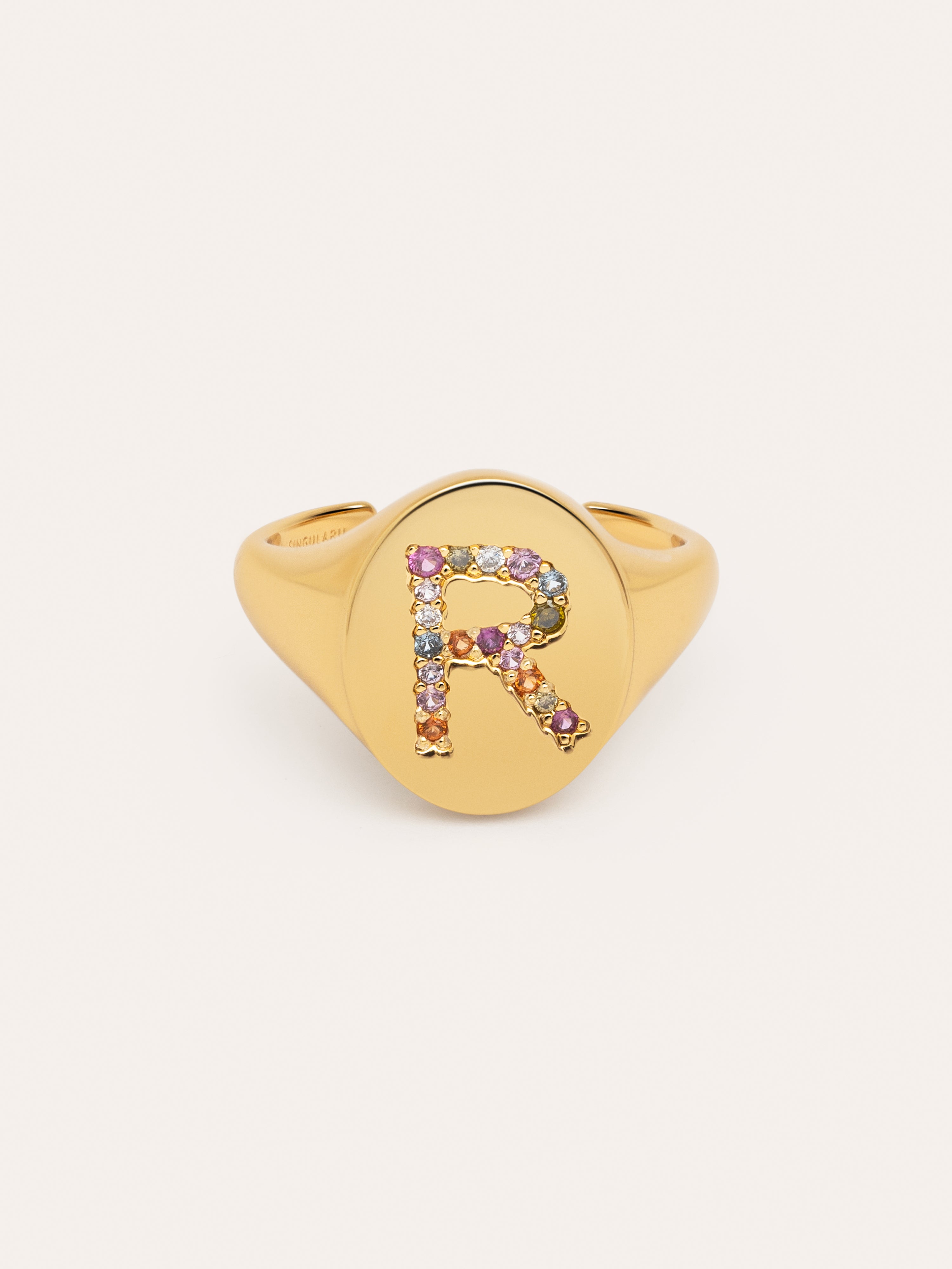 Anillo Personalizado Signet Letter Colors Baño Oro