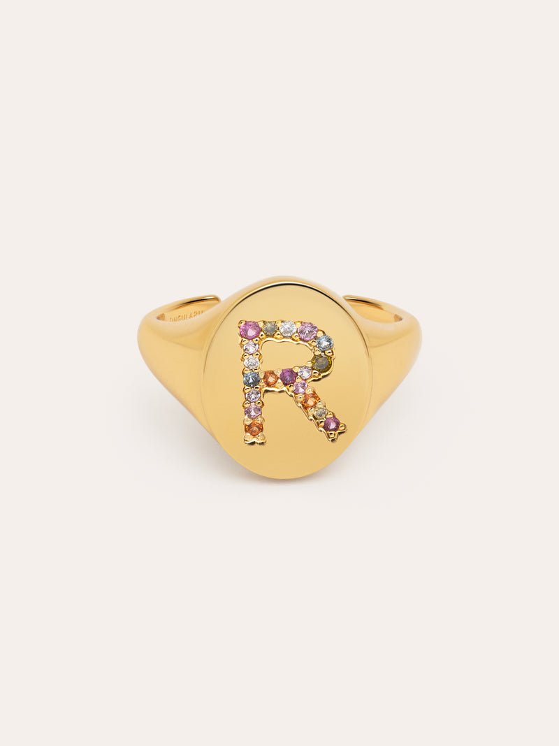 Anel Personalizado Signet Letter Colors Banho de Ouro