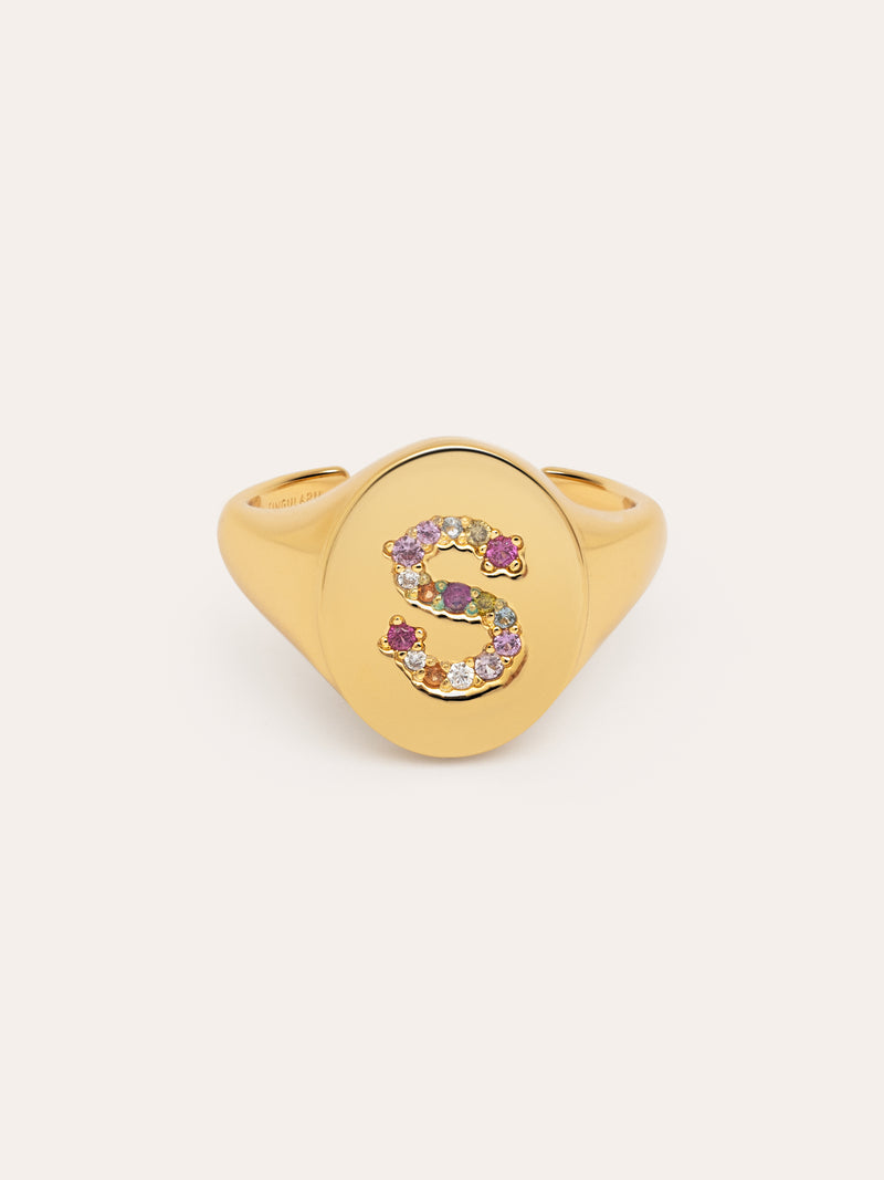Anel Personalizado Signet Letter Colors Banho de Ouro