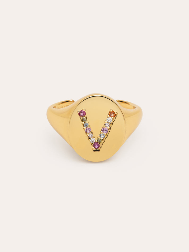 Anel Personalizado Signet Letter Colors Banho de Ouro