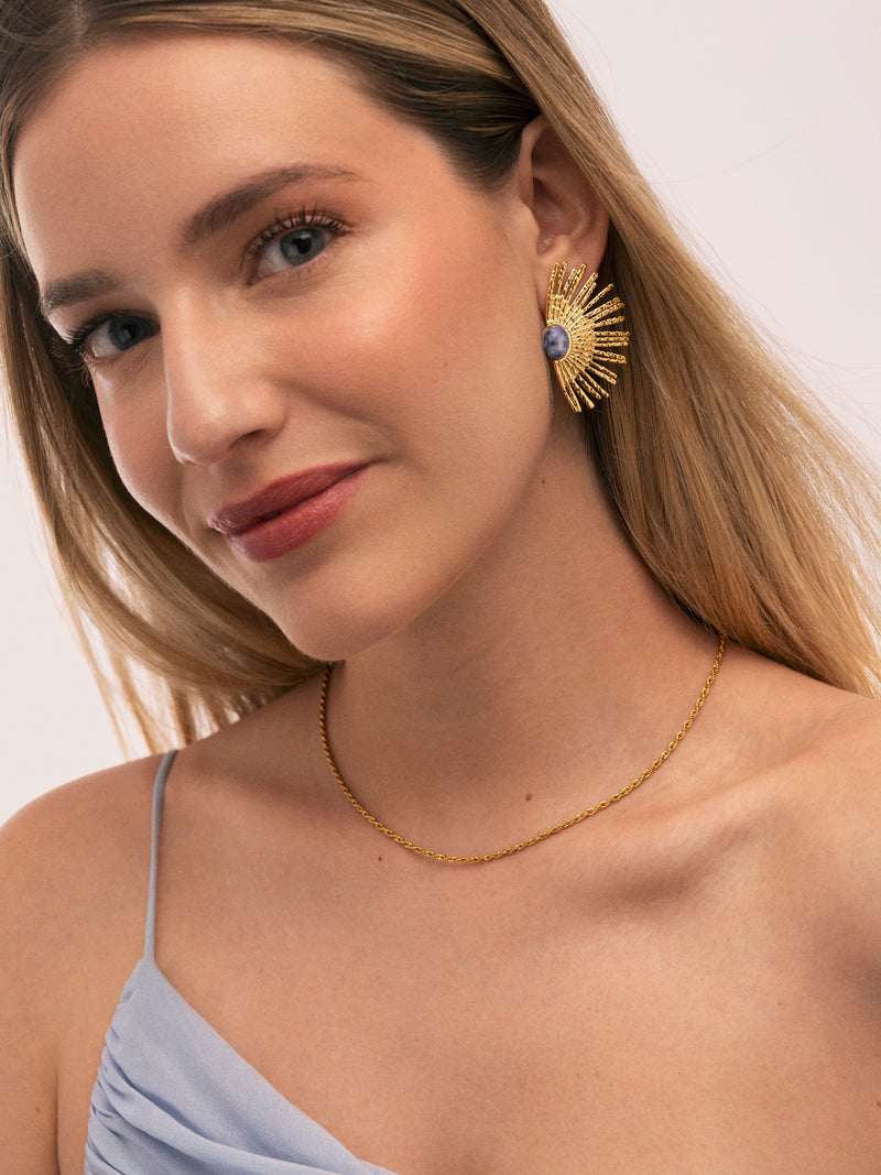 Coffret Cadeau Collier et Boucles D'oreilles Bleu Acier Plaqué Or
