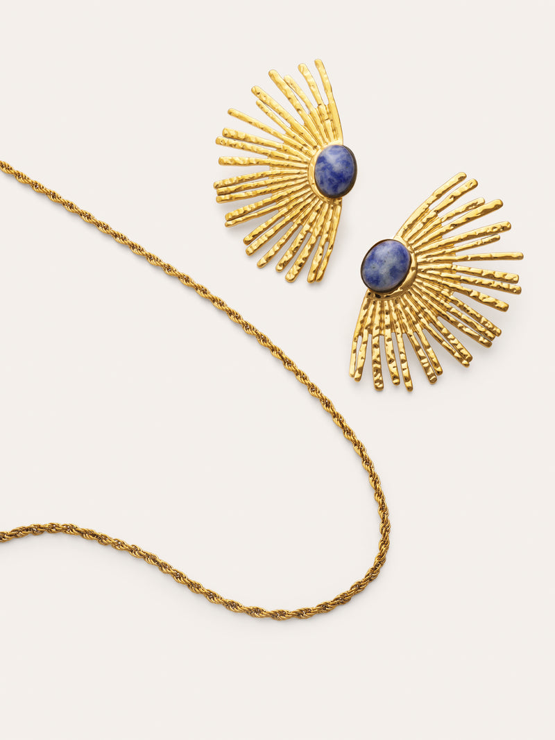 Coffret Cadeau Collier et Boucles D'oreilles Bleu Acier Plaqué Or