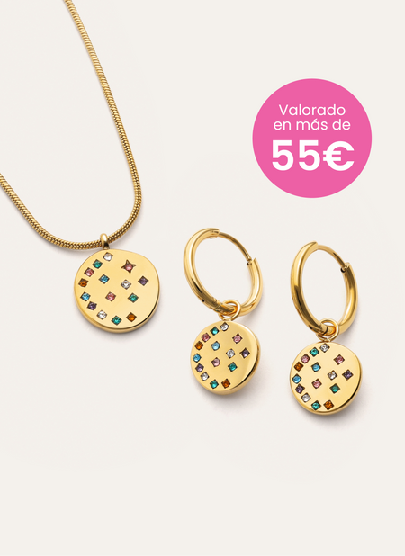 Pack Regalo Collar y Pendientes Bling Rainbow Acero Baño Oro