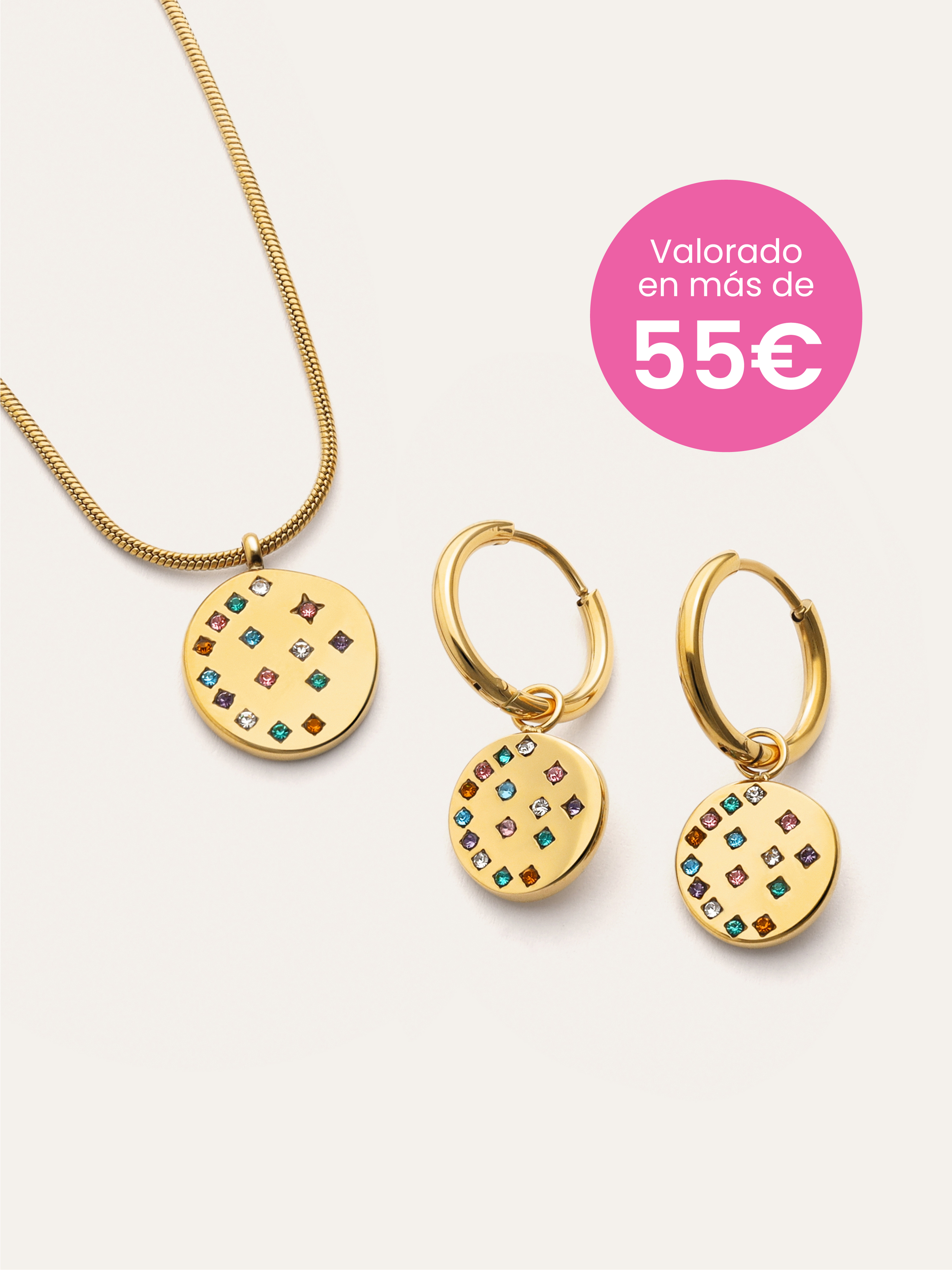 Pack Regalo Collar y Pendientes Bling Rainbow Acero Baño Oro