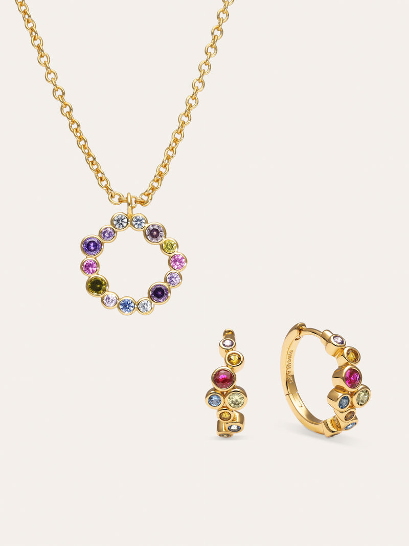 Pack Regalo Collana Bubbles e Orecchini a Cerchio Rainbow Placcato Oro