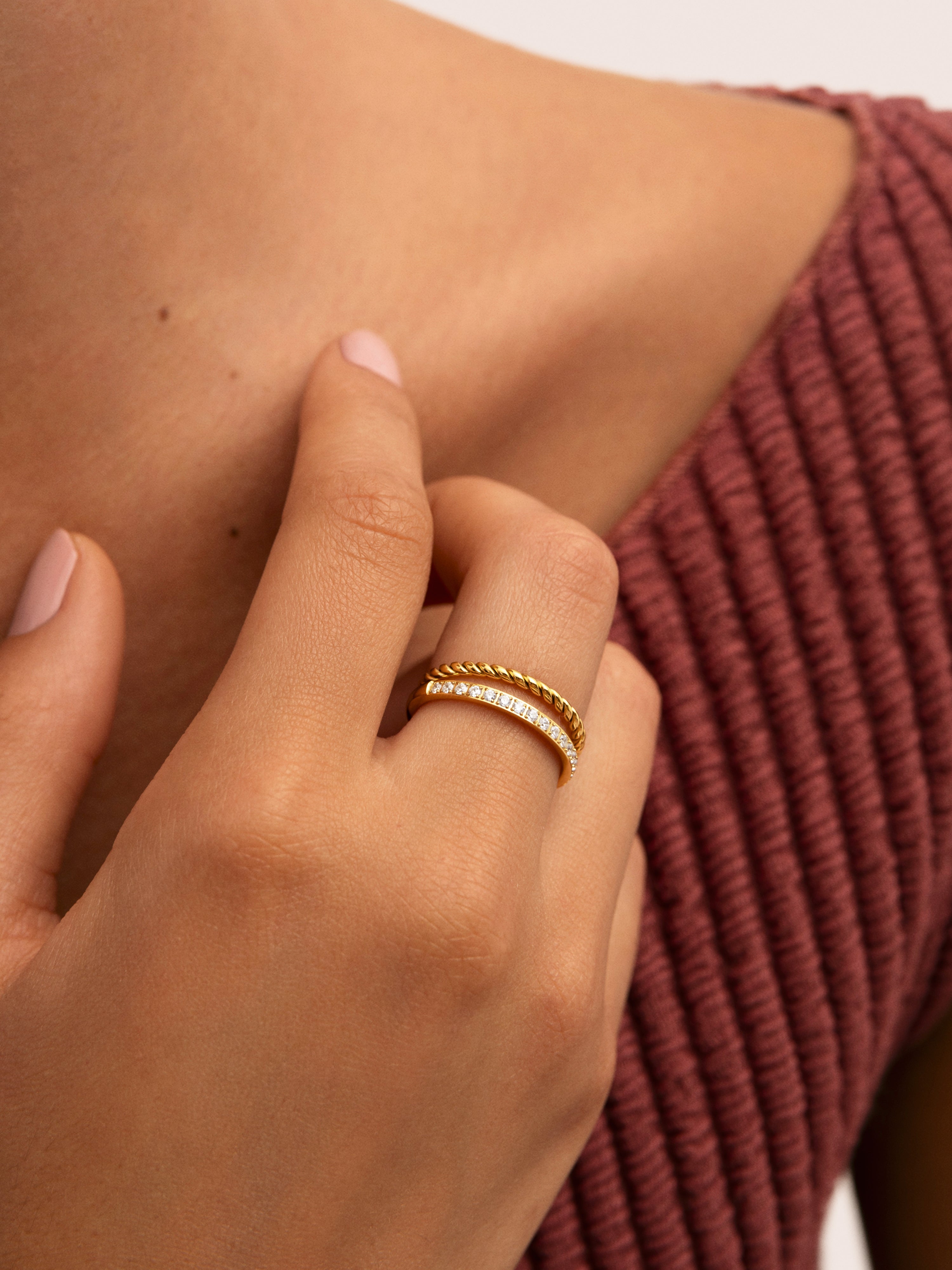 Anillo Doble Tressia Spark Acero Baño Oro