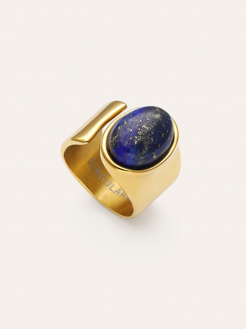 Anel Índigo Azul Aço Banho de Ouro