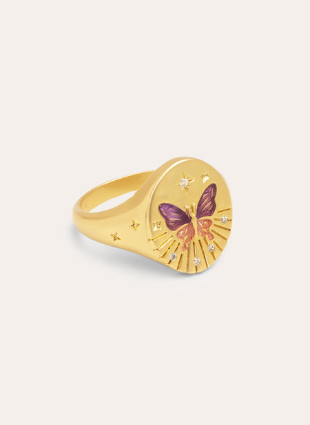 Anillo Sello Butterfly Rose Baño Oro
