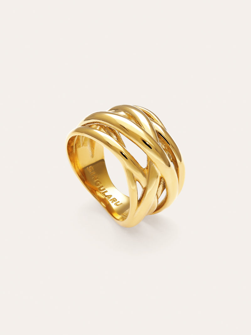Triple Cross Stainless Steel Gold Ring 