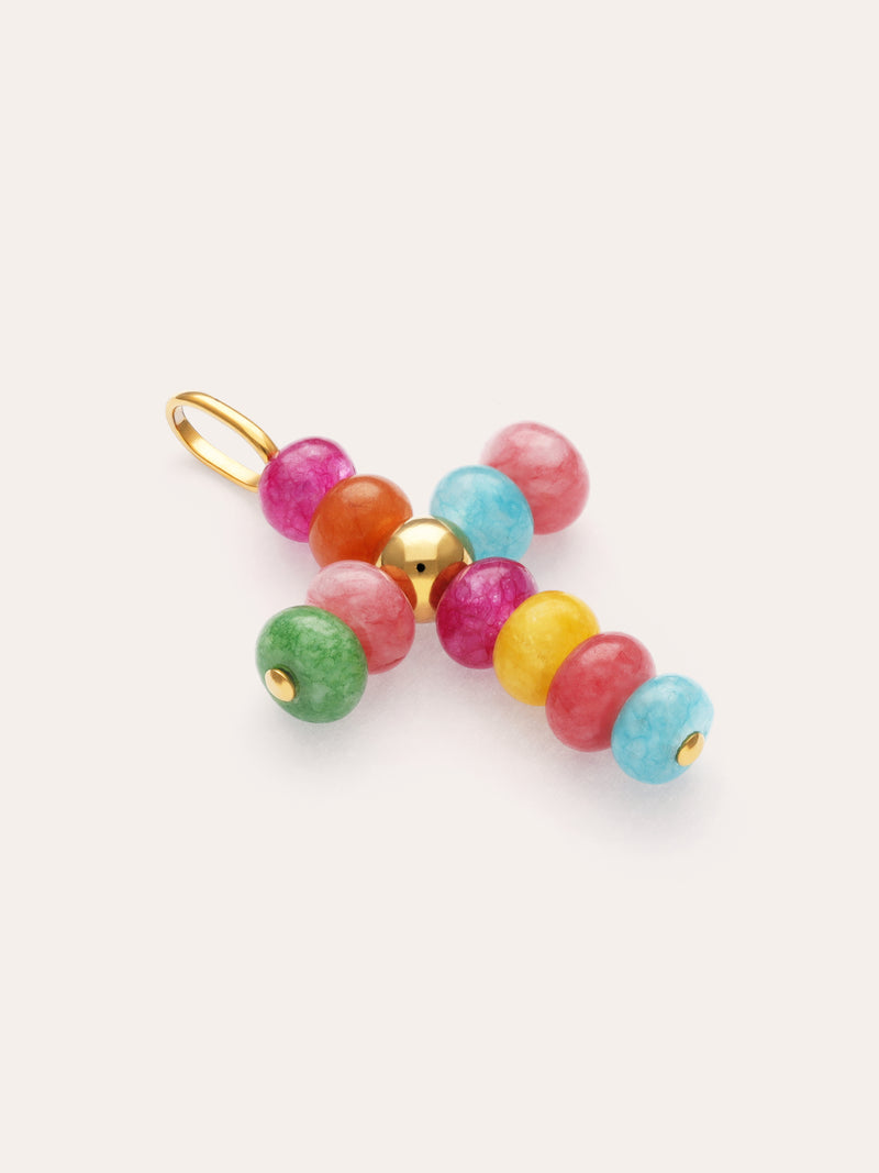 Charm Cruz Color Stones Acero Baño Oro