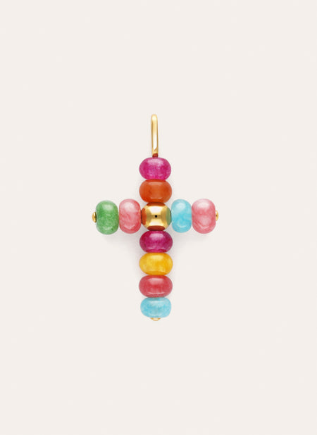 Charm Croix Pierres Colorées Acier Plaqué Or