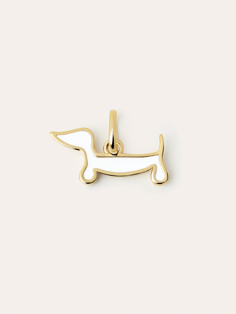 Charm Chien Teckel Enamel White Plaqué Or