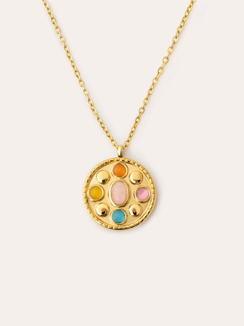 Colar Medallion Five Stones Aço Banho de Ouro