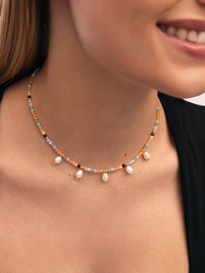 Crystal Pearl Edelstahl Vergoldet Halskette