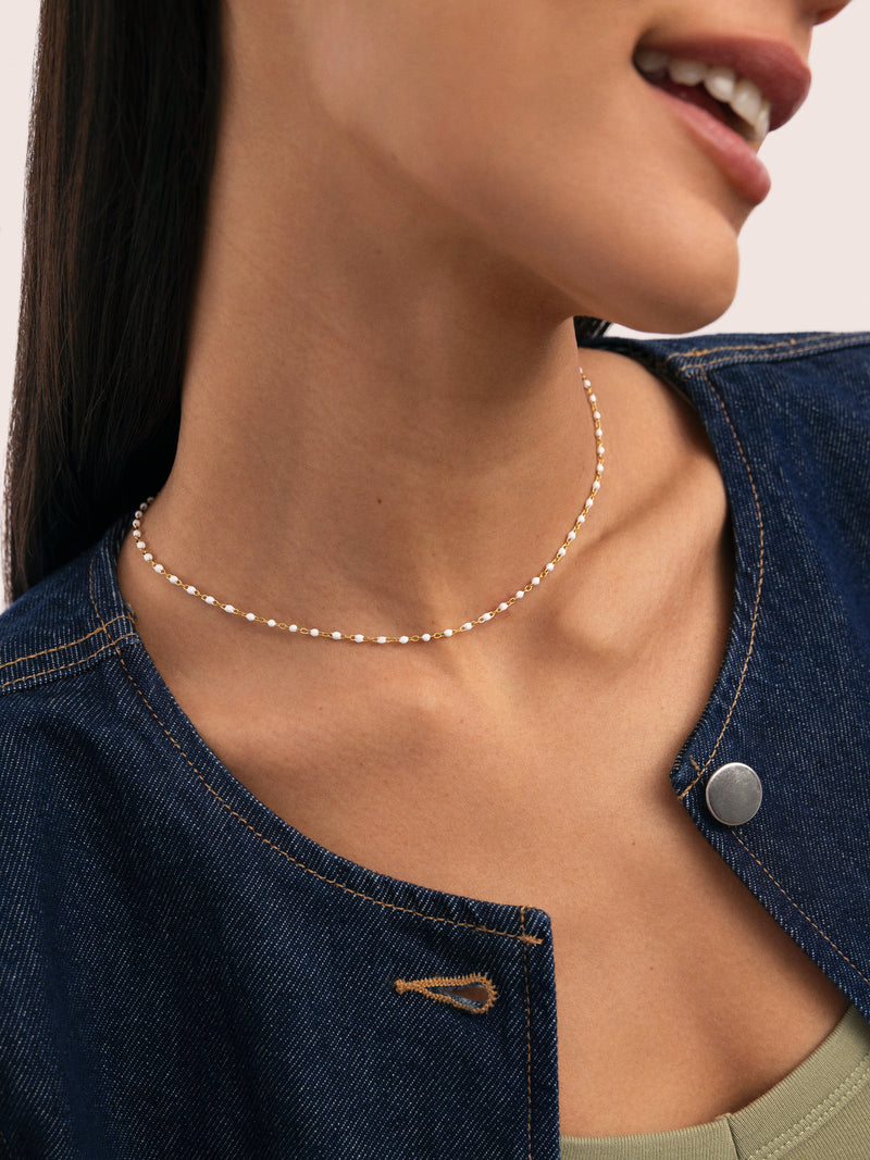 Collier Dots Enamel Blanc Acier Plaqué Or