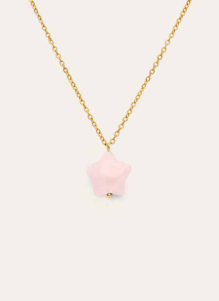 Collier Étoile Quartz Rose Acier Plaqué Or