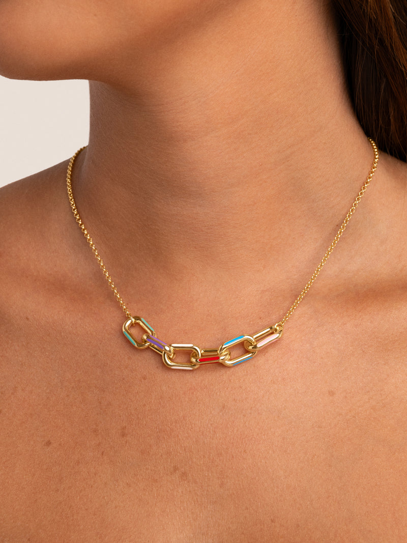 Rainbow Enamel Link Necklace Gold Plated