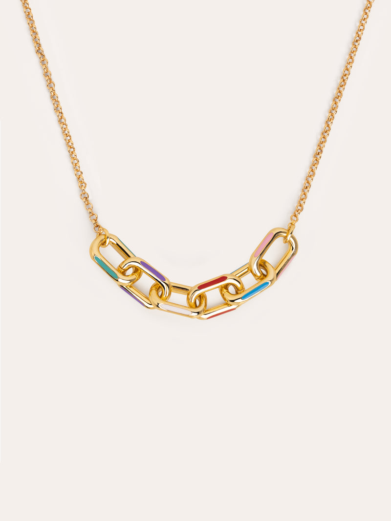 Rainbow Enamel Link Necklace Gold Plated