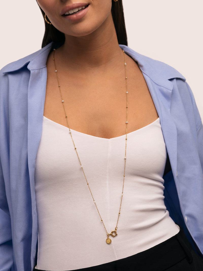 Long Pearl Dots Stainless Steel Gold Necklace