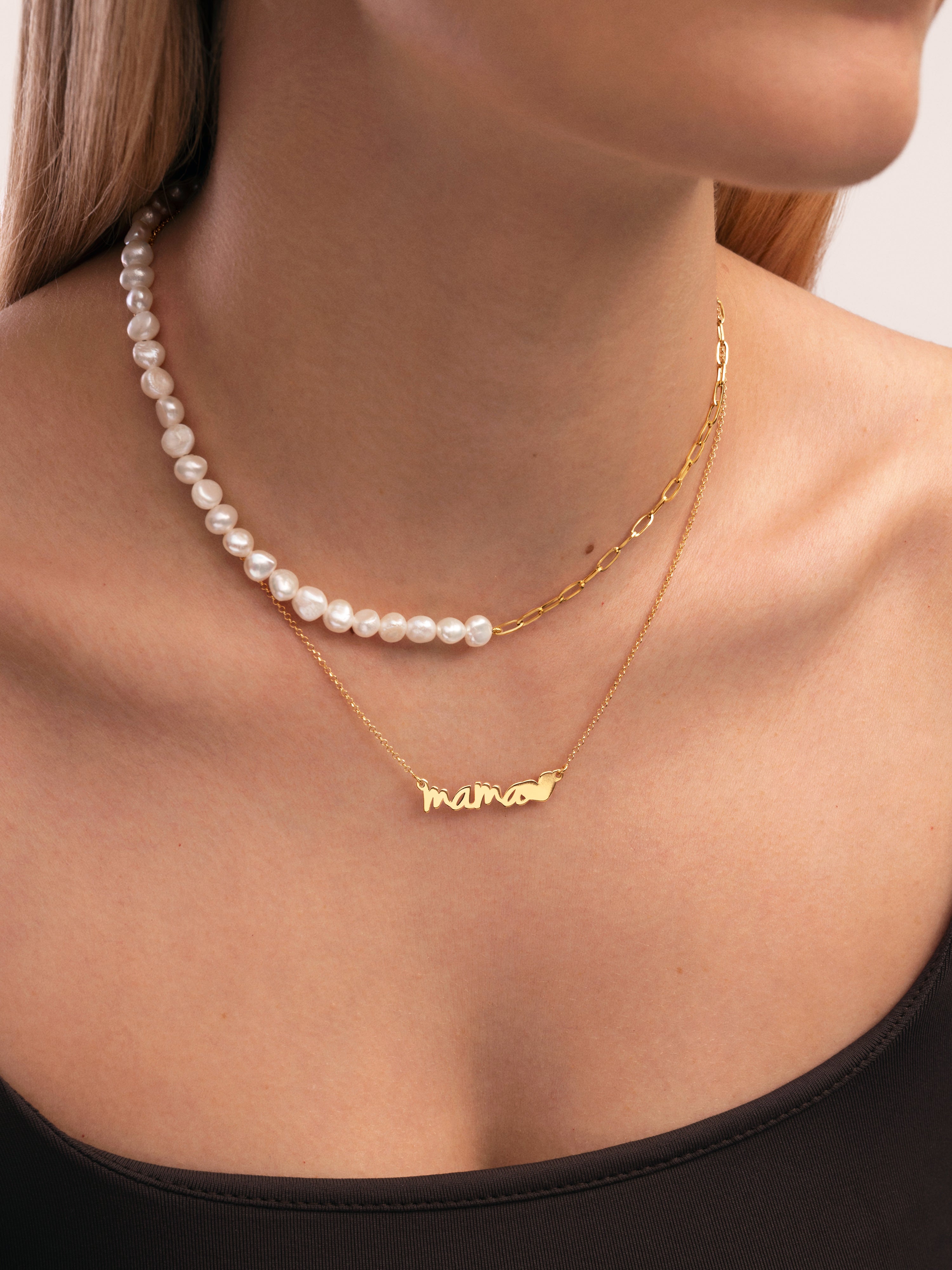 Collar Mamá Heart Plata Baño Oro