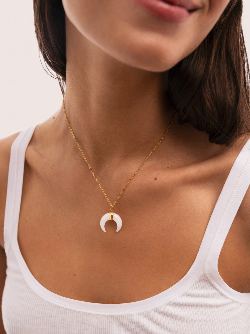 Mini Moon White Necklace Gold Plated Steel