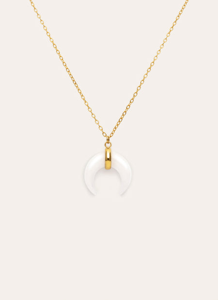 Mini Moon White Necklace Gold Plated Steel
