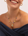 Cyanite Denim Multicharms Gold-Plated Steel Necklace - puesto en modelo