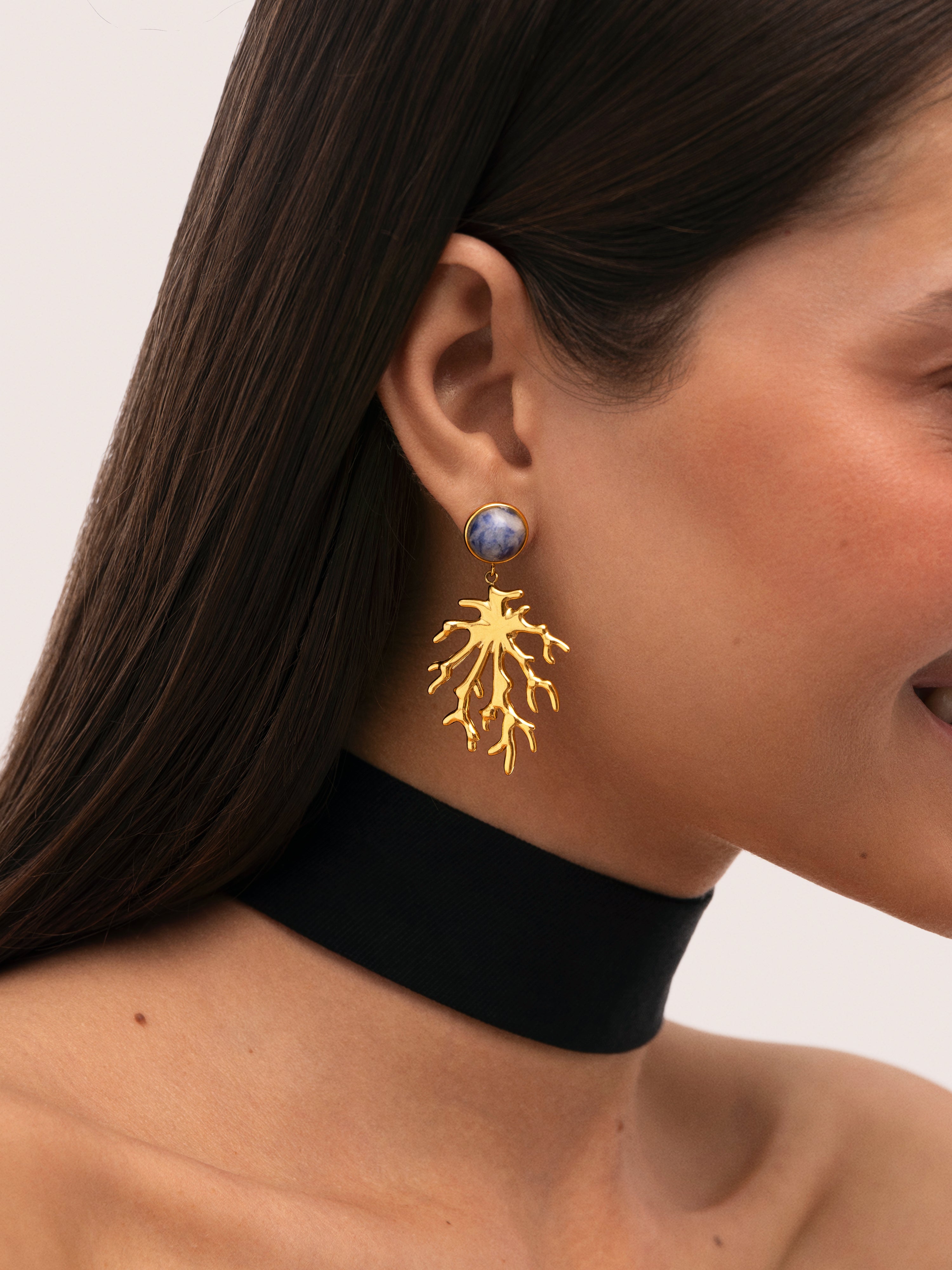 Coral Stone Blue Hoop Earrings Gold Plated Steel