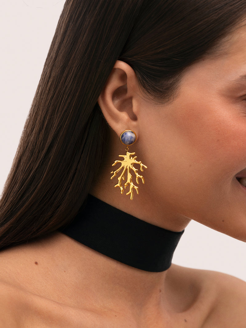 Coral Stone Blue Hoop Earrings Gold Plated Steel