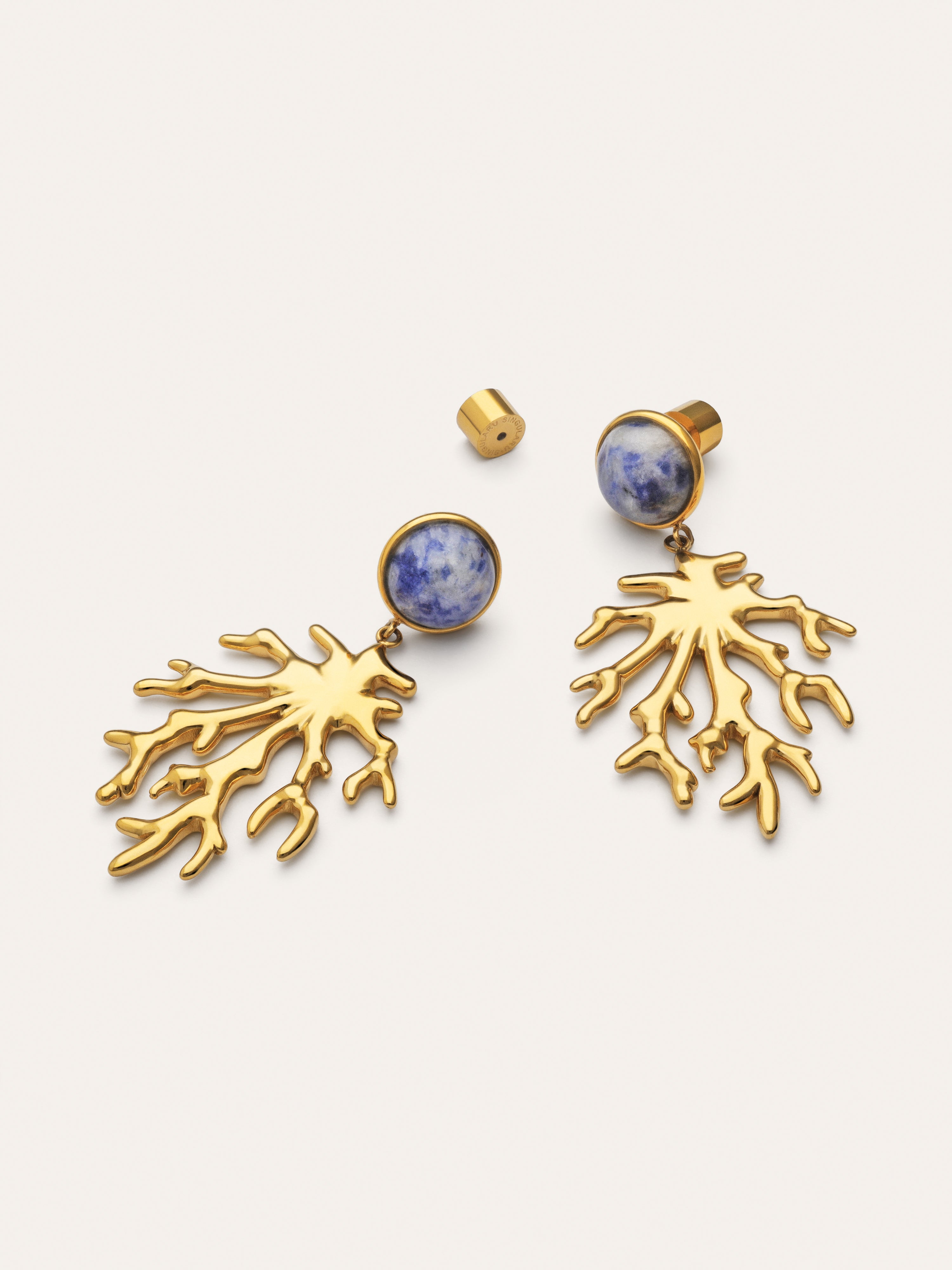 Coral Stone Blue Hoop Earrings Gold Plated Steel
