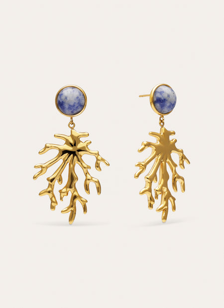 Coral Stone Blue Hoop Earrings Gold Plated Steel