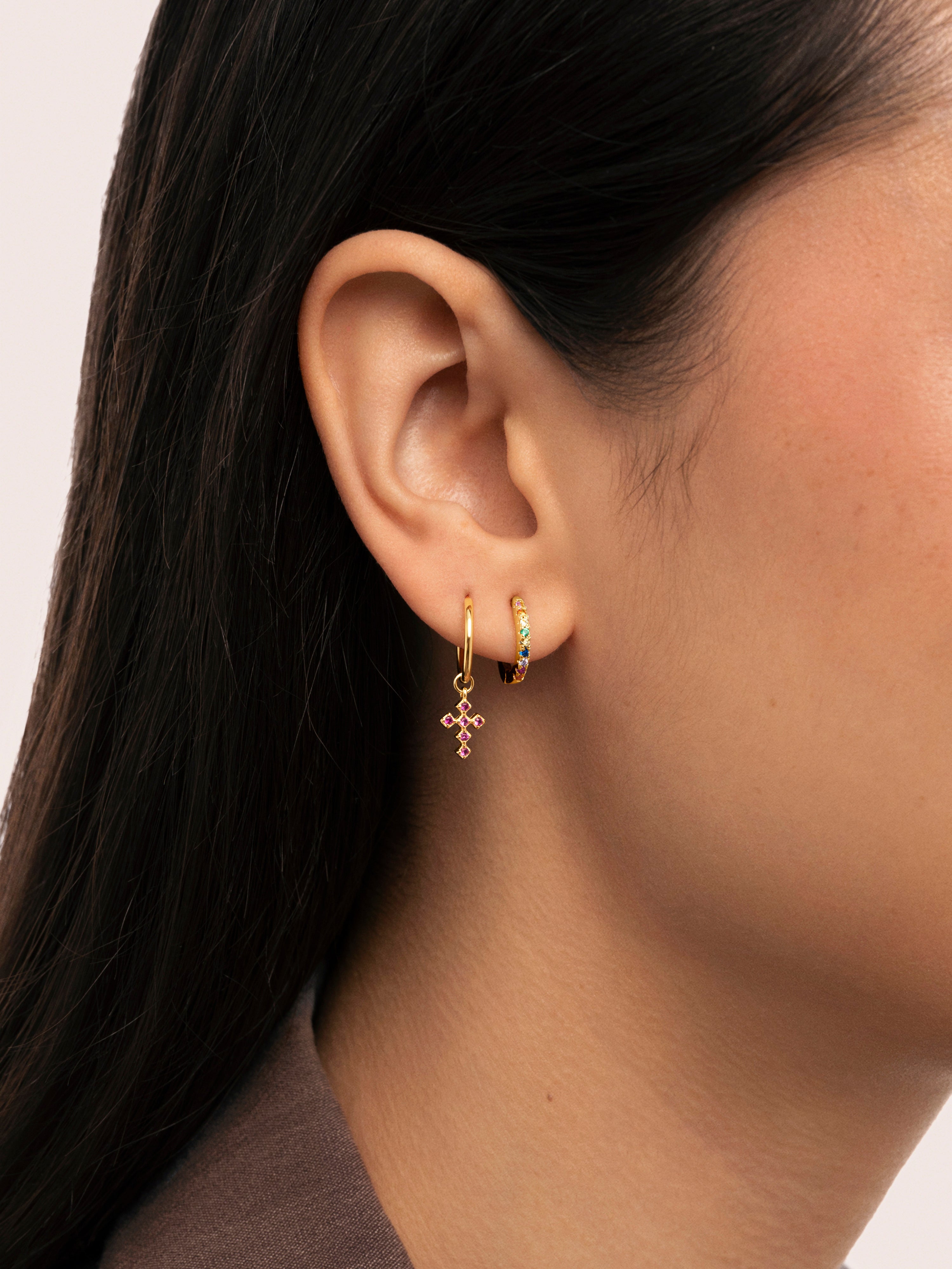 Rosa Cross Hoop Gold Single Earring  