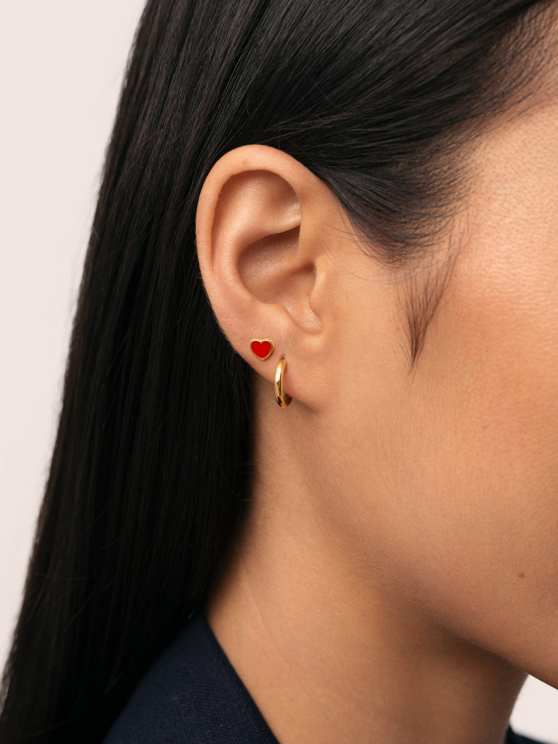 Single Earring Heart Red Enamel Gold Plated