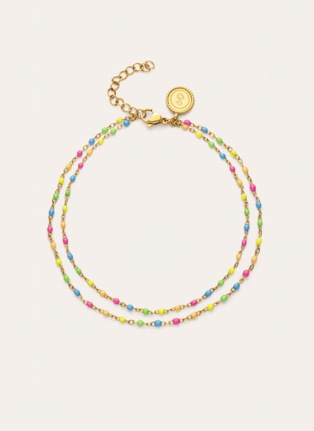 Tobillera Dupla Dots Neon Enamel Aço Banho Ouro