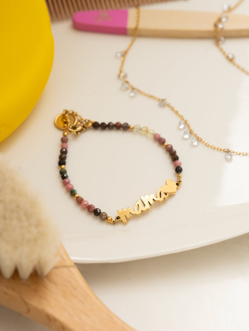 Pulseira Mamá Heart Tourmaline Aço Banho de Ouro