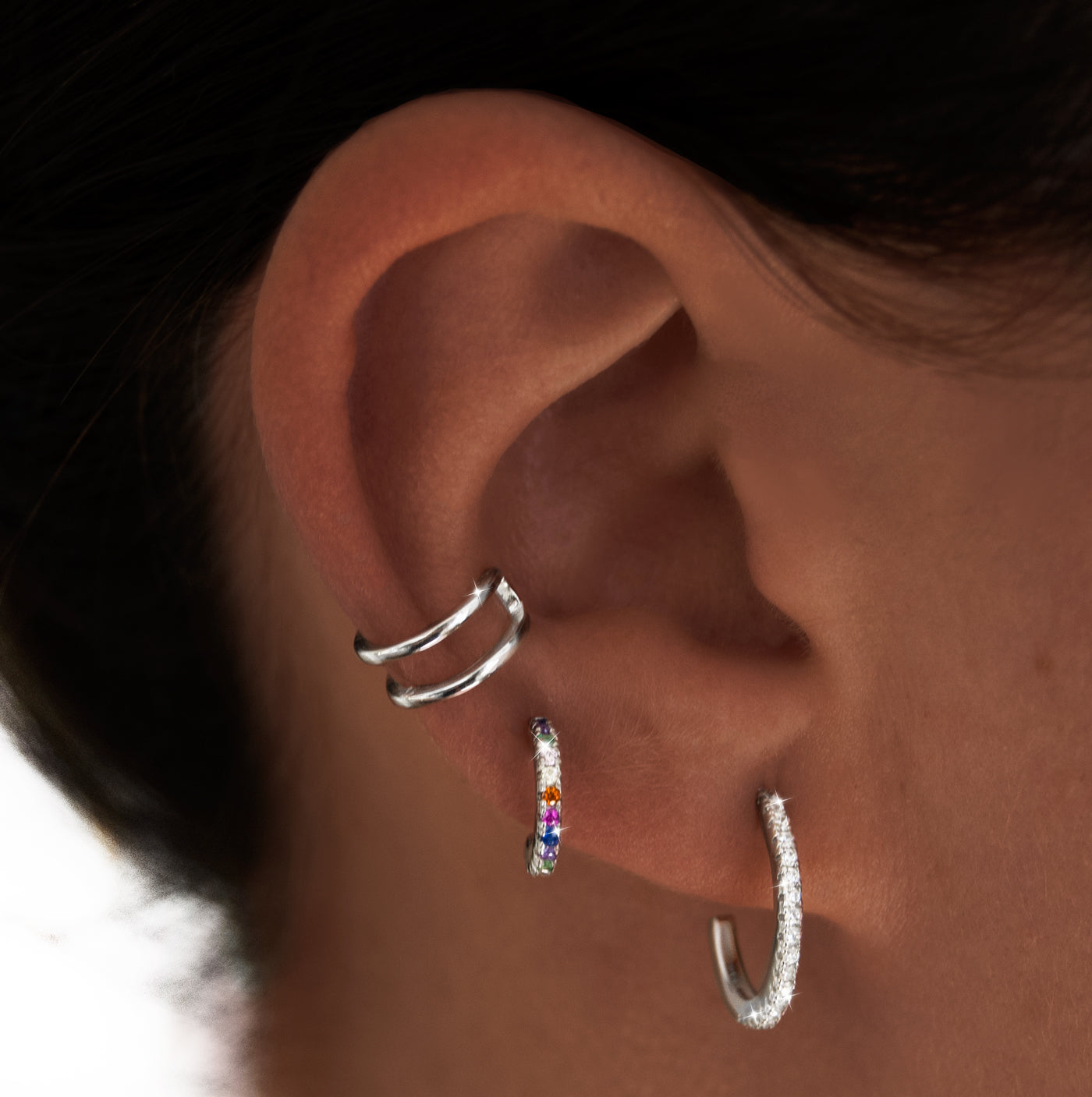 Pendientes Rainbow Plata con los Pendientes Diamonds Aro L Plata y el Ear Cuff Double Ring Plata